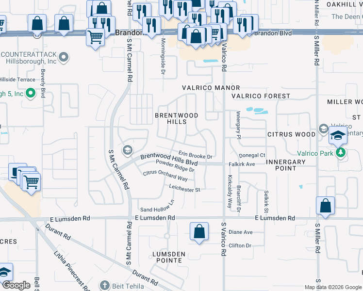 map of restaurants, bars, coffee shops, grocery stores, and more near 327 Sand Ridge Drive in Valrico