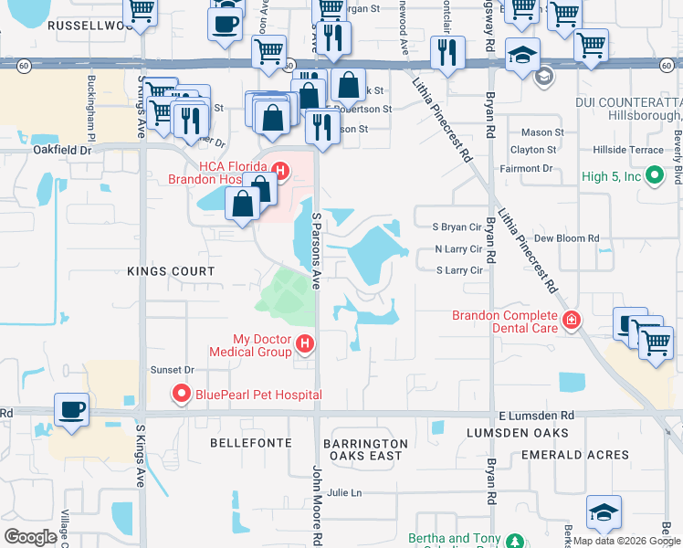 map of restaurants, bars, coffee shops, grocery stores, and more near 703 Parsons Lake Path in Brandon