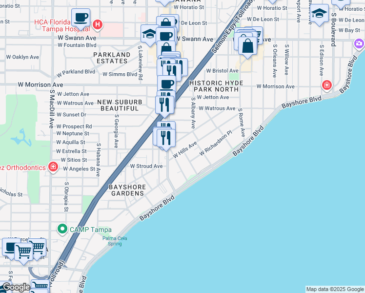 map of restaurants, bars, coffee shops, grocery stores, and more near 1401 Nance Avenue in Tampa