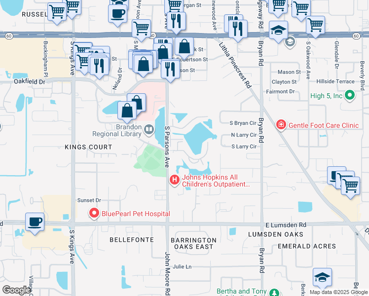 map of restaurants, bars, coffee shops, grocery stores, and more near 202 Lake Parsons Green in Brandon