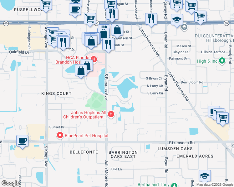 map of restaurants, bars, coffee shops, grocery stores, and more near 214 Lake Parsons Green in Brandon