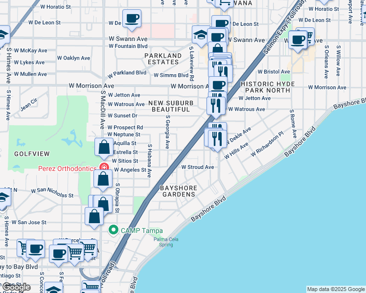 map of restaurants, bars, coffee shops, grocery stores, and more near 2430 West Mississippi Avenue in Tampa