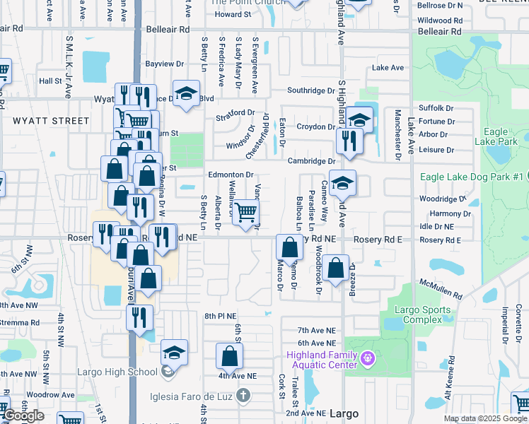 map of restaurants, bars, coffee shops, grocery stores, and more near 1250 Alexander Way in Clearwater
