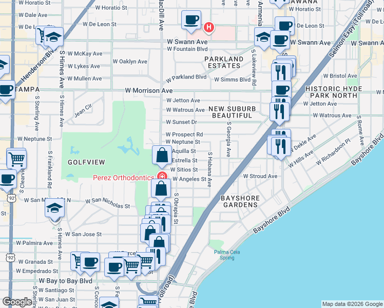 map of restaurants, bars, coffee shops, grocery stores, and more near 2904 West Estrella Street in Tampa