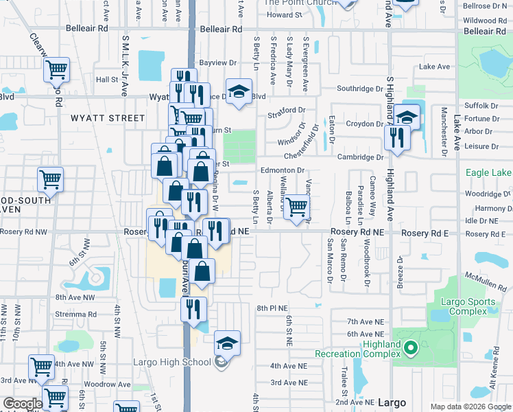 map of restaurants, bars, coffee shops, grocery stores, and more near 1849 South Betty Lane in Clearwater