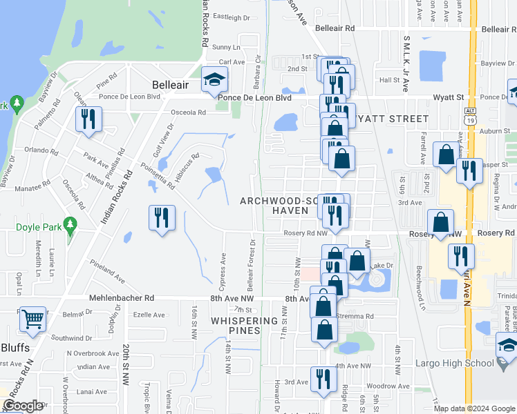 map of restaurants, bars, coffee shops, grocery stores, and more near 45 Pelican Place in Belleair