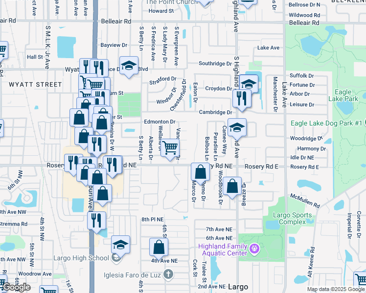 map of restaurants, bars, coffee shops, grocery stores, and more near 1250 Alexander Way in Clearwater