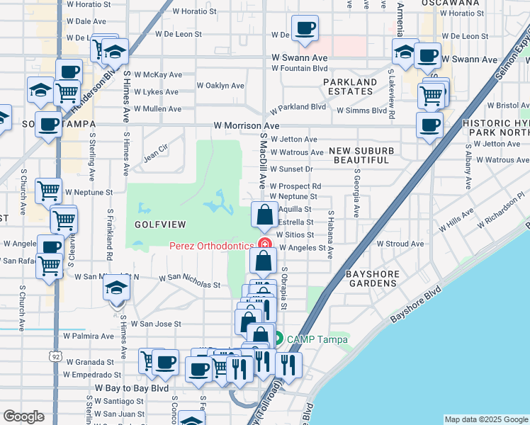 map of restaurants, bars, coffee shops, grocery stores, and more near 1601 South MacDill Avenue in Tampa