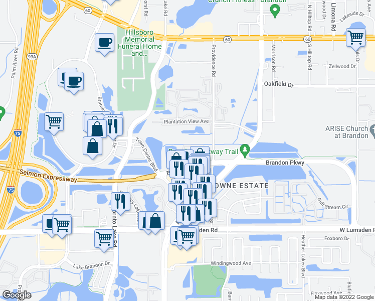 map of restaurants, bars, coffee shops, grocery stores, and more near 2014 Brandon Crossing Circle in Brandon