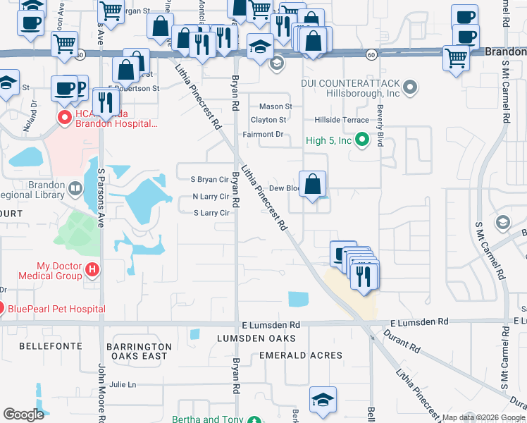 map of restaurants, bars, coffee shops, grocery stores, and more near 705 Bryan Road in Brandon