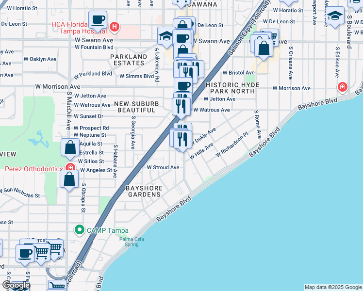 map of restaurants, bars, coffee shops, grocery stores, and more near in Tampa