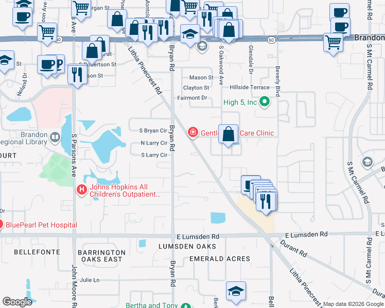 map of restaurants, bars, coffee shops, grocery stores, and more near 705 Bryan Road in Brandon