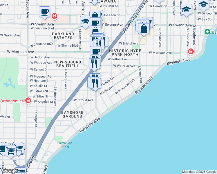 map of restaurants, bars, coffee shops, grocery stores, and more near 1401 Nance Avenue in Tampa