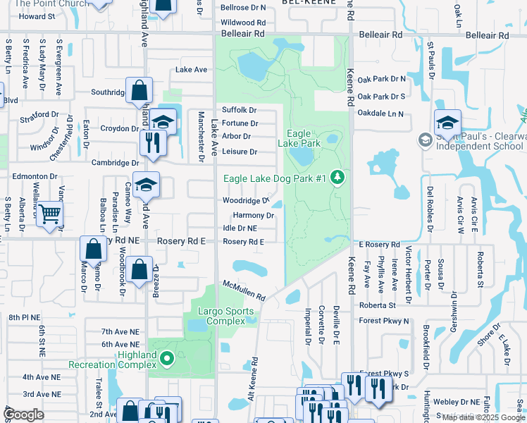 map of restaurants, bars, coffee shops, grocery stores, and more near 1680 Idle Drive Northeast in Clearwater
