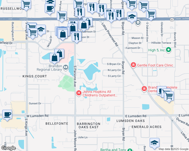 map of restaurants, bars, coffee shops, grocery stores, and more near 314 Lake Parsons Green in Brandon