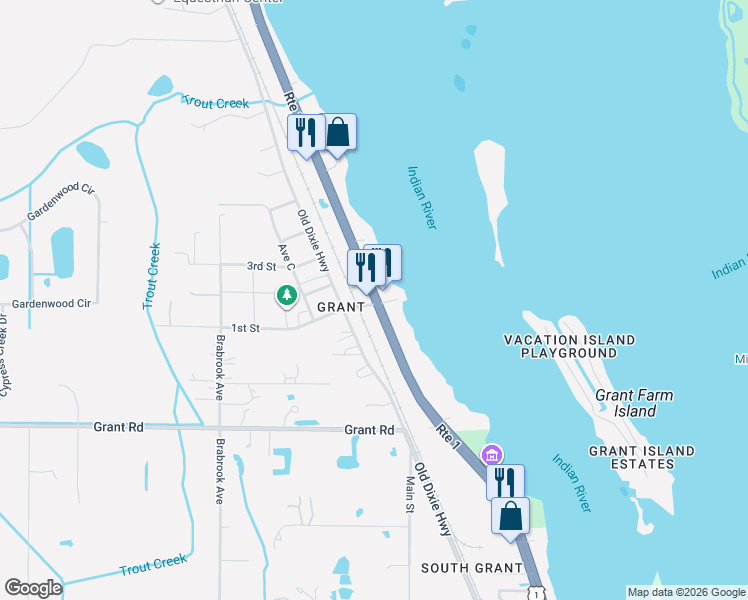 map of restaurants, bars, coffee shops, grocery stores, and more near 5430 U.S. 1 in Grant-Valkaria