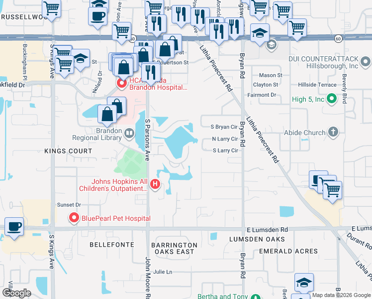 map of restaurants, bars, coffee shops, grocery stores, and more near 314 Lake Parsons Green in Brandon