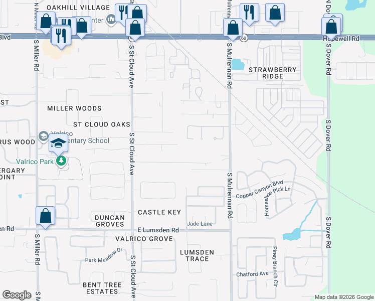 map of restaurants, bars, coffee shops, grocery stores, and more near 4088 Amber Road in Valrico