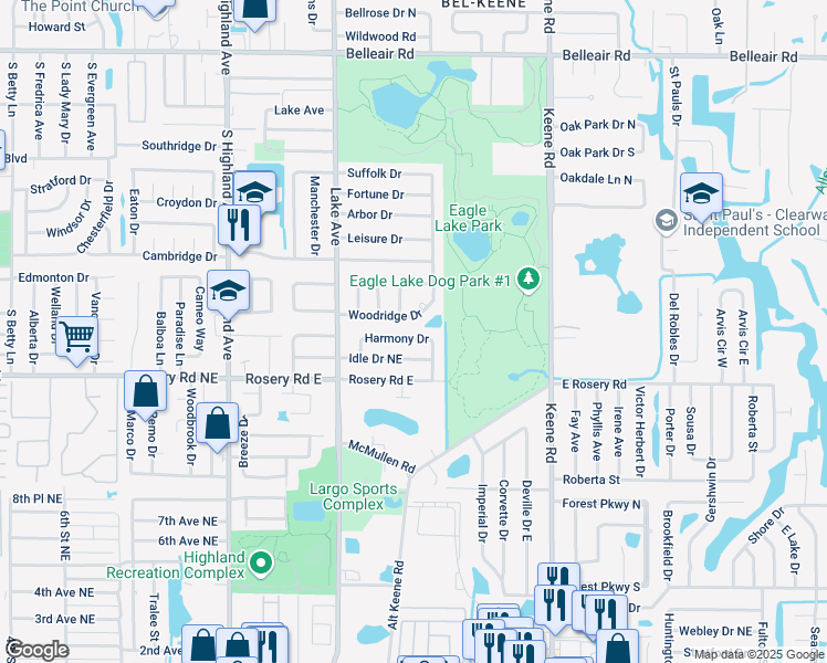 map of restaurants, bars, coffee shops, grocery stores, and more near 1680 Idle Drive Northeast in Clearwater