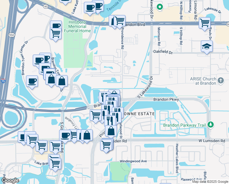 map of restaurants, bars, coffee shops, grocery stores, and more near 2020 Brandon Crossing Circle in Brandon