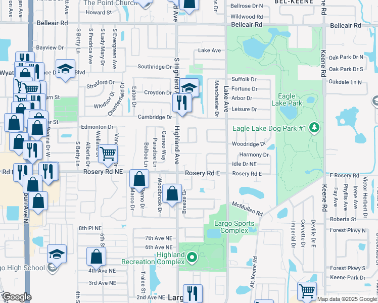 map of restaurants, bars, coffee shops, grocery stores, and more near 1522 HIGHLAND PARK DR in Clearwater