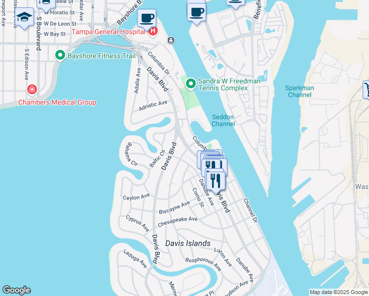 map of restaurants, bars, coffee shops, grocery stores, and more near 16 East Davis Boulevard in Tampa