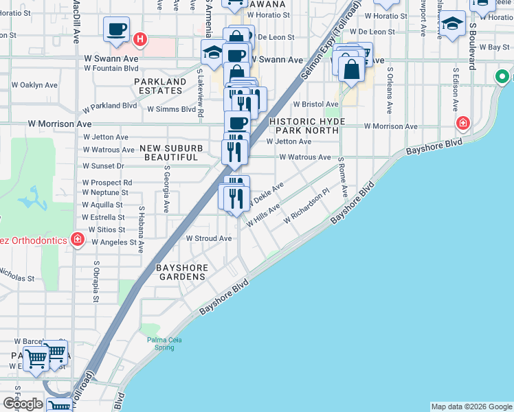 map of restaurants, bars, coffee shops, grocery stores, and more near 2108a West Southview Avenue in Tampa