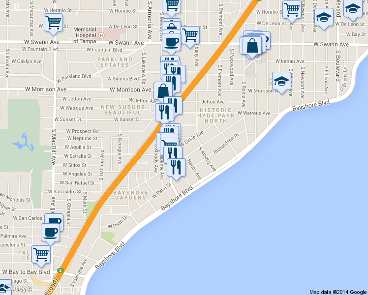 map of restaurants, bars, coffee shops, grocery stores, and more near 2108a West Southview Avenue in Tampa