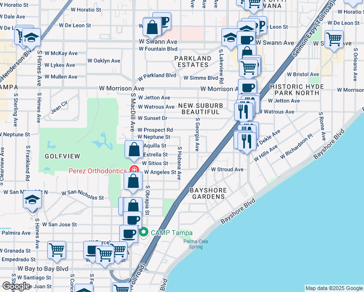 map of restaurants, bars, coffee shops, grocery stores, and more near 1501 South Habana Avenue in Tampa