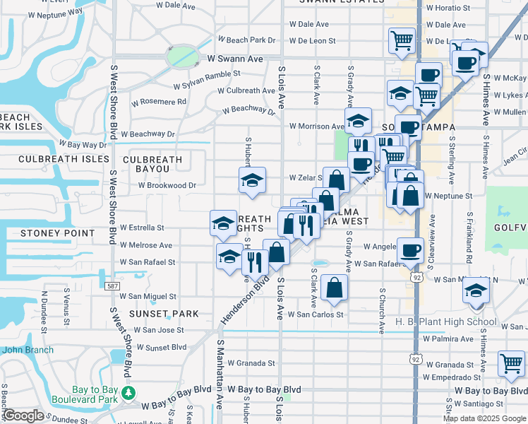 map of restaurants, bars, coffee shops, grocery stores, and more near 4201 West Estrella Street in Tampa