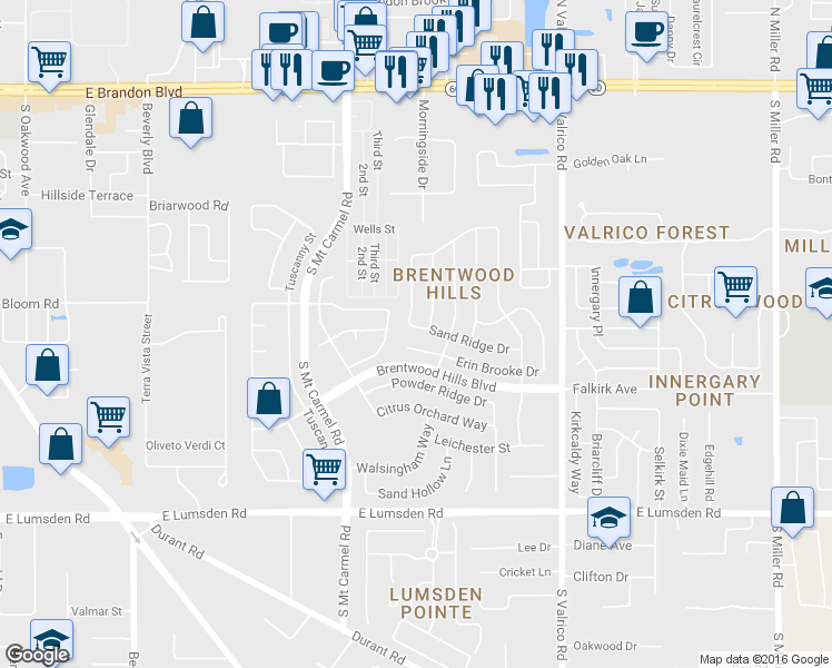 map of restaurants, bars, coffee shops, grocery stores, and more near 415 Sand Ridge Drive in Valrico