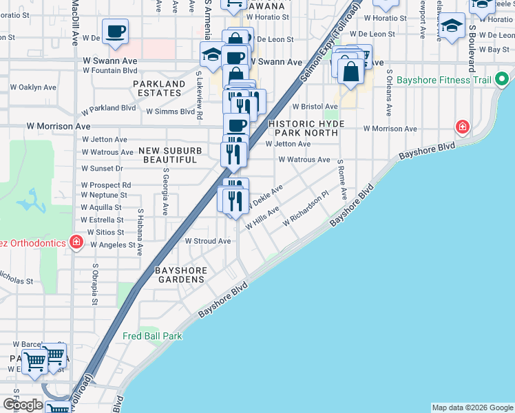 map of restaurants, bars, coffee shops, grocery stores, and more near 2108a West Southview Avenue in Tampa