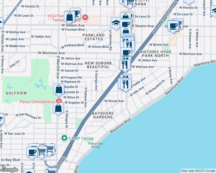 map of restaurants, bars, coffee shops, grocery stores, and more near 2412 Teresa Circle in Tampa