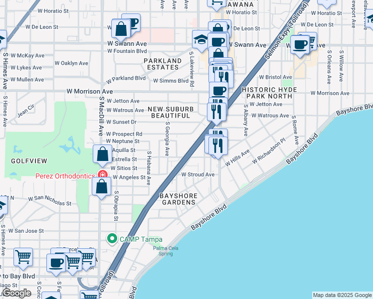 map of restaurants, bars, coffee shops, grocery stores, and more near 2412 Teresa Circle in Tampa