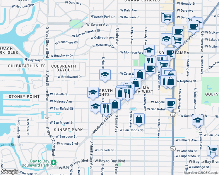 map of restaurants, bars, coffee shops, grocery stores, and more near 4201 West Estrella Street in Tampa