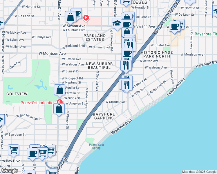 map of restaurants, bars, coffee shops, grocery stores, and more near 2402 Teresa Circle in Tampa