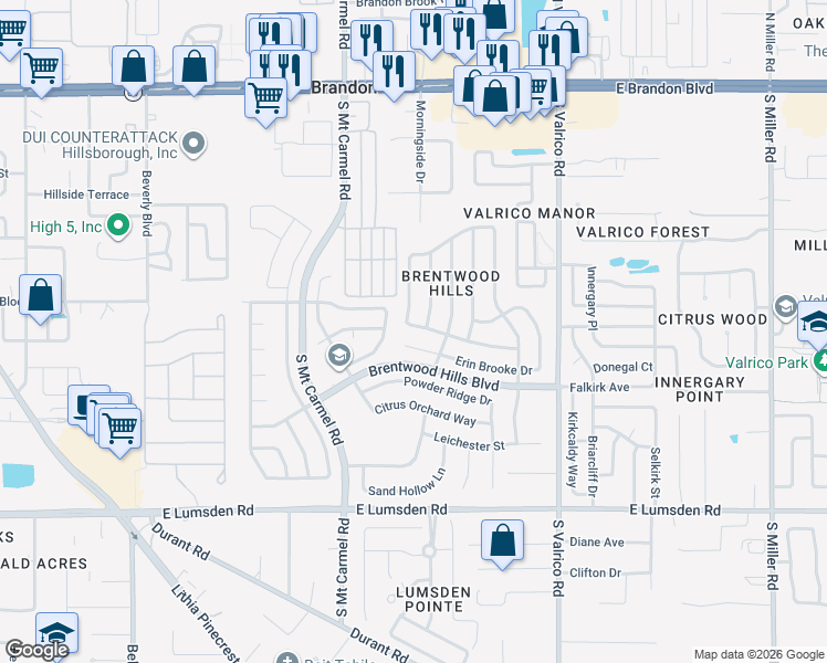 map of restaurants, bars, coffee shops, grocery stores, and more near 415 Sand Ridge Drive in Valrico