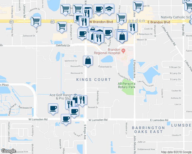 map of restaurants, bars, coffee shops, grocery stores, and more near 510 Ole Plantation Drive in Brandon