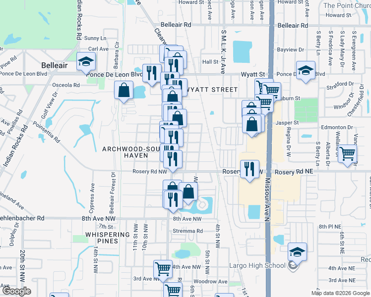 map of restaurants, bars, coffee shops, grocery stores, and more near 704 14th Avenue Northwest in Largo