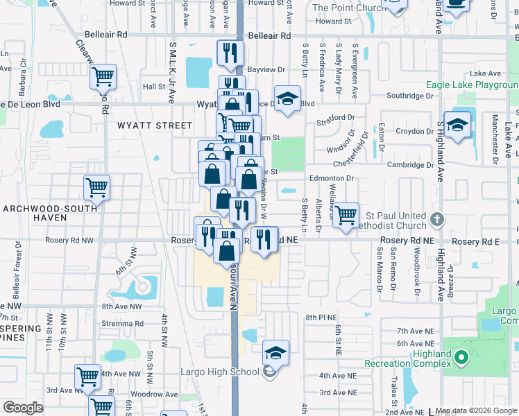map of restaurants, bars, coffee shops, grocery stores, and more near 1349 Regina Drive West in Largo