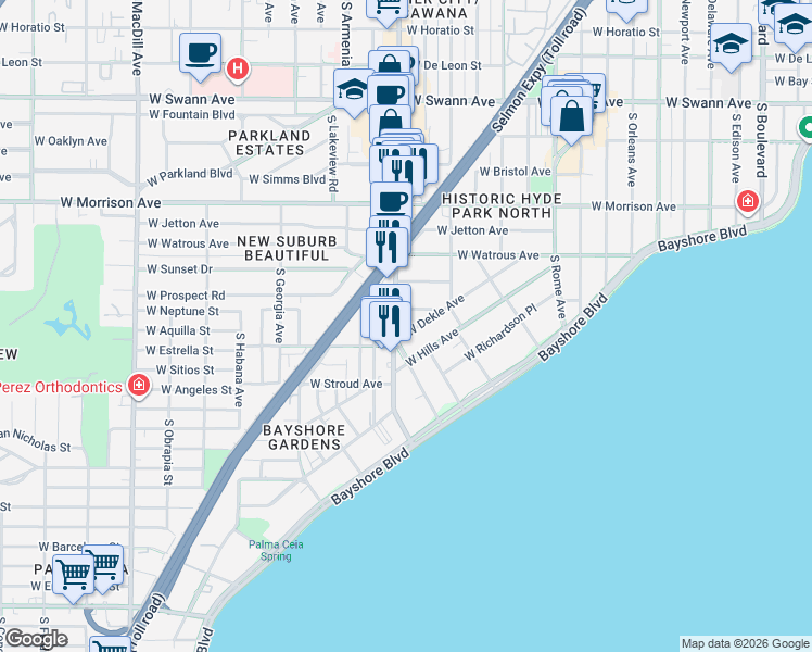 map of restaurants, bars, coffee shops, grocery stores, and more near 2108a West Southview Avenue in Tampa