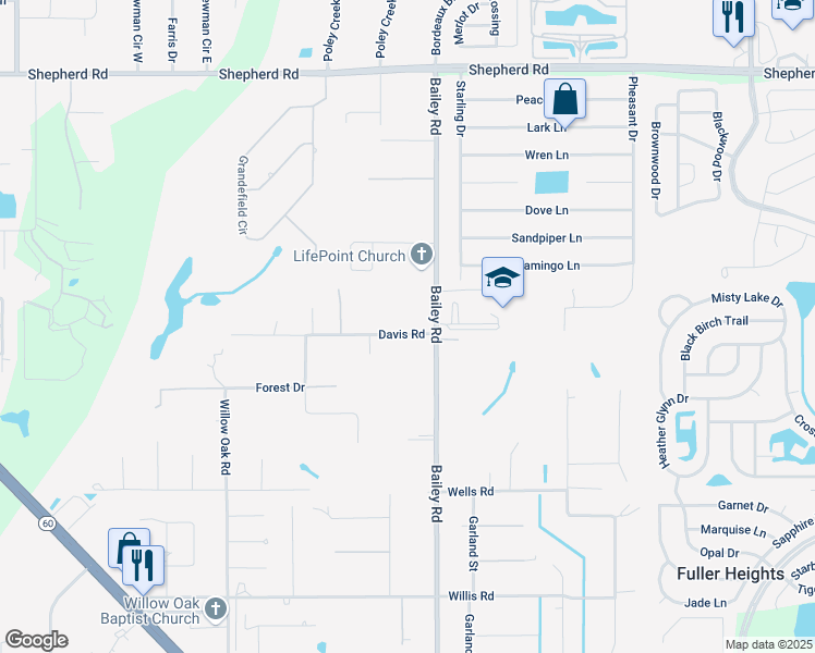 map of restaurants, bars, coffee shops, grocery stores, and more near 3755 Davis Road in Mulberry