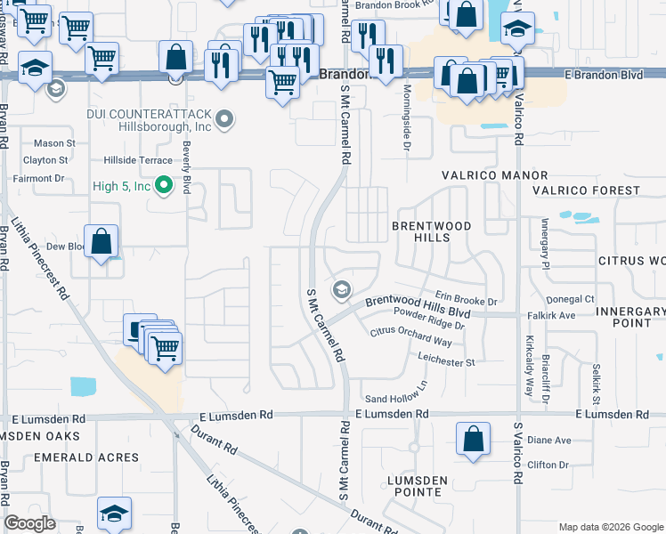 map of restaurants, bars, coffee shops, grocery stores, and more near 1618 Citrus Orchard Way in Valrico
