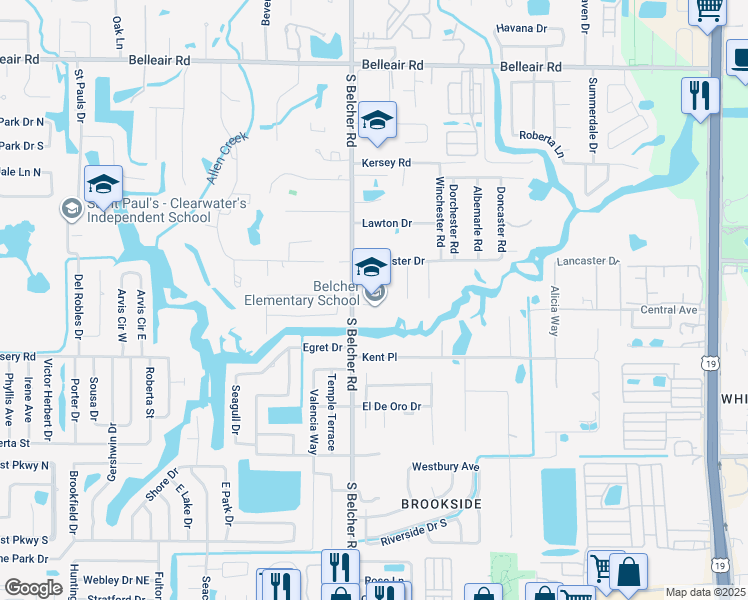 map of restaurants, bars, coffee shops, grocery stores, and more near 1839 Belcher Road in Largo