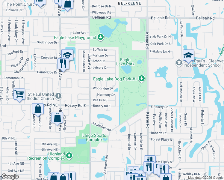 map of restaurants, bars, coffee shops, grocery stores, and more near 1679 Woodridge Drive in Clearwater