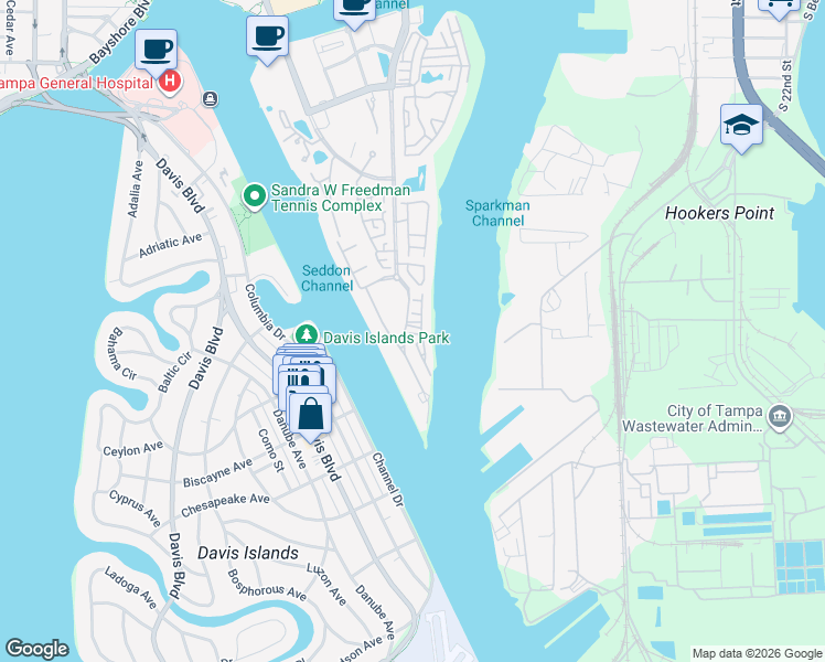map of restaurants, bars, coffee shops, grocery stores, and more near 1439 Harbour Walk Road in Tampa