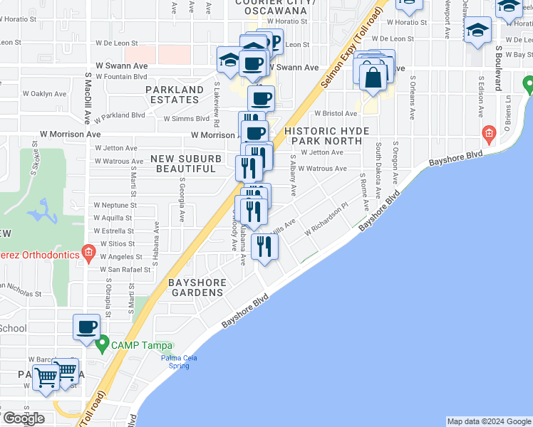 map of restaurants, bars, coffee shops, grocery stores, and more near 2108a West Southview Avenue in Tampa