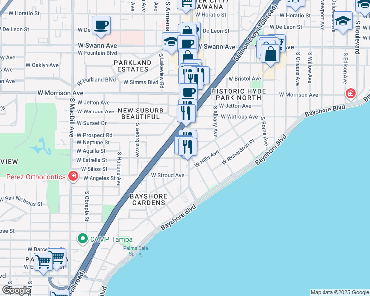 map of restaurants, bars, coffee shops, grocery stores, and more near 1301 South Howard Avenue in Tampa