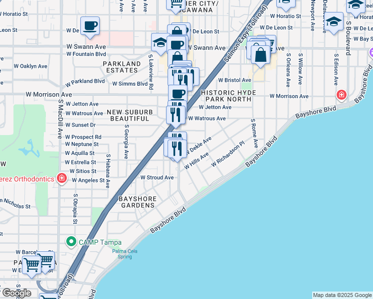 map of restaurants, bars, coffee shops, grocery stores, and more near 2117 West Dekle Avenue in Tampa