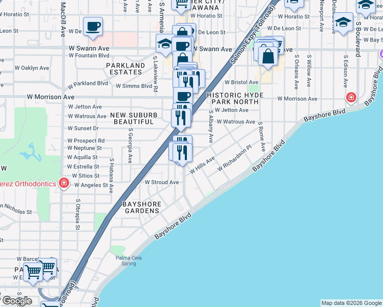 map of restaurants, bars, coffee shops, grocery stores, and more near 2117 West Dekle Avenue in Tampa